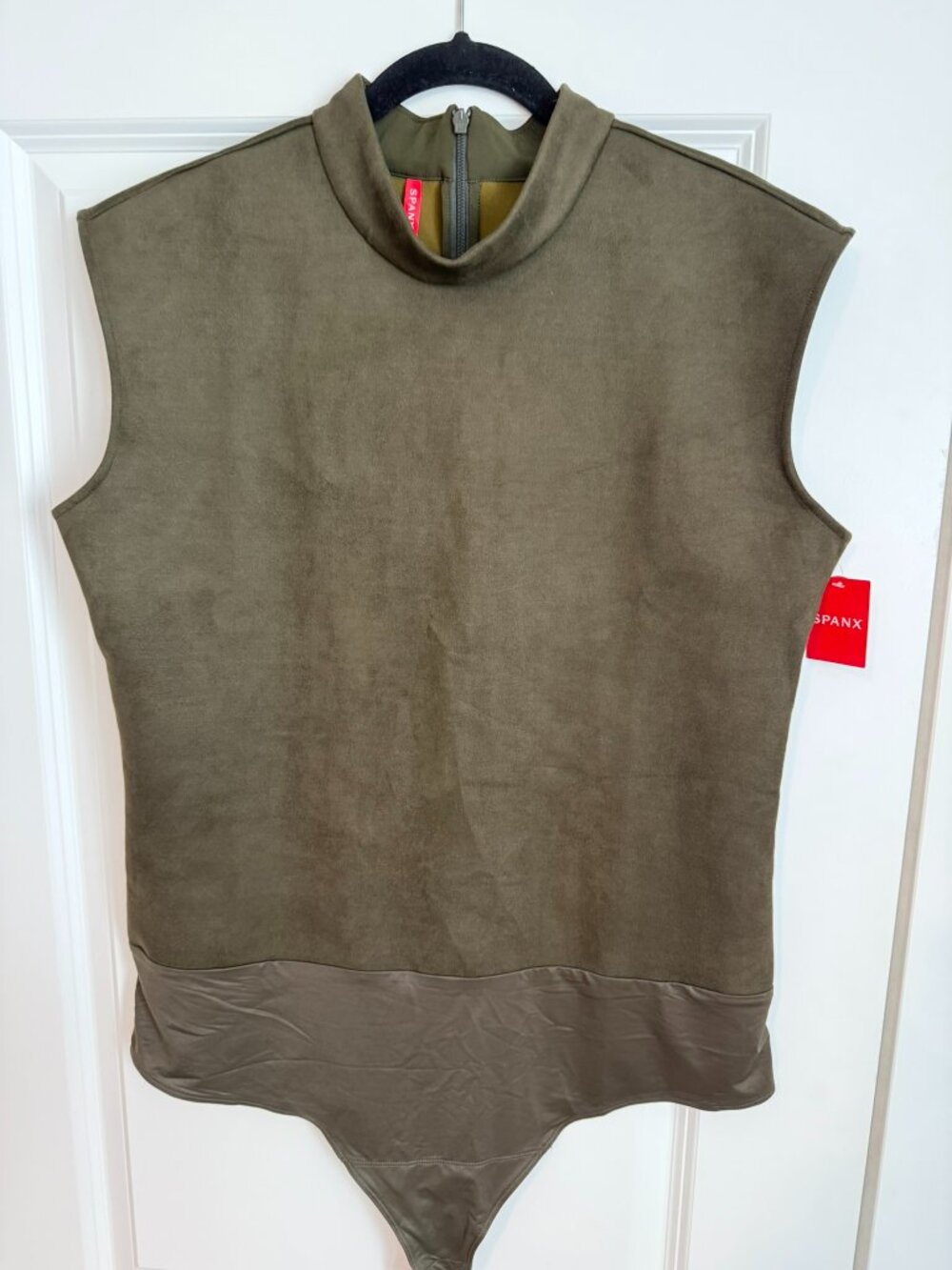 NWT SPANX Faux Suede Mock Neck Bodysuit Utility Green 2X